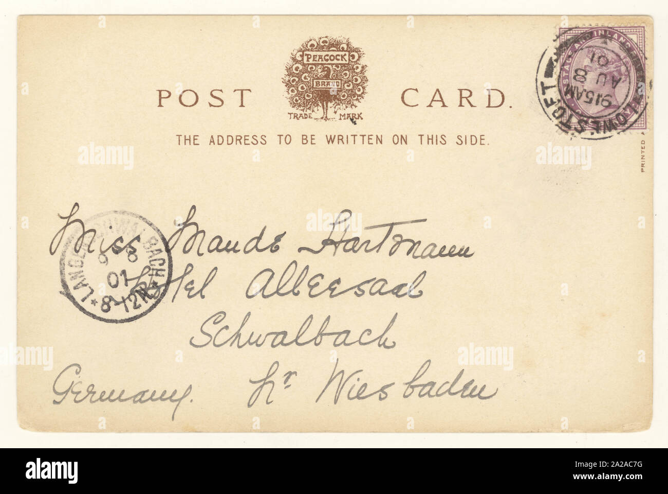 Inverso del Vittoriano cartolina precoce datata 8 agosto 1901, Penny lilac timbro con la regina Victoria su di esso, spedito oltreoceano distaccati in Germania, Regno Unito Foto Stock