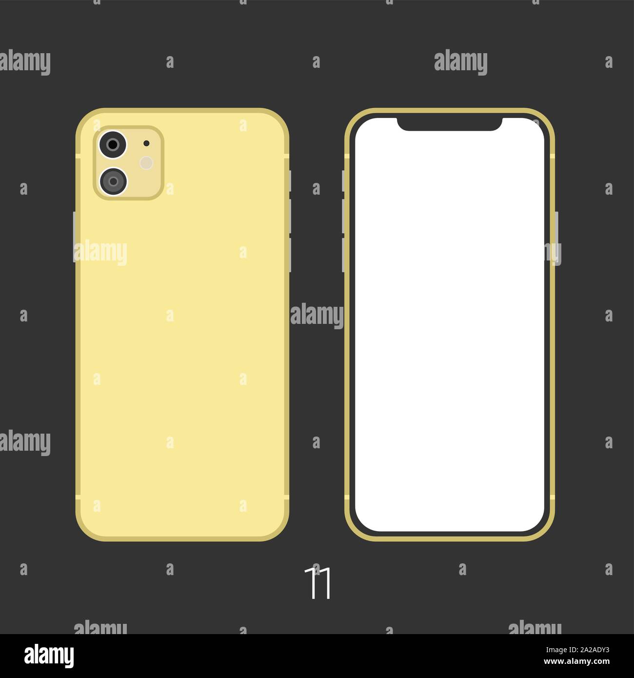 Nuovo gold 11 Smartphone mock up cornice schermo vuoto isolato su sfondo. Parte anteriore e colorato sul lato posteriore. Illustrazione Vettoriale
