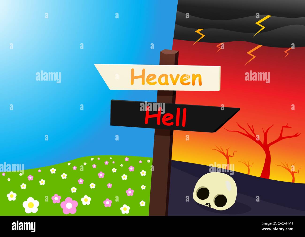 Il cielo e l inferno paesaggio con signpost, vector art design Illustrazione Vettoriale