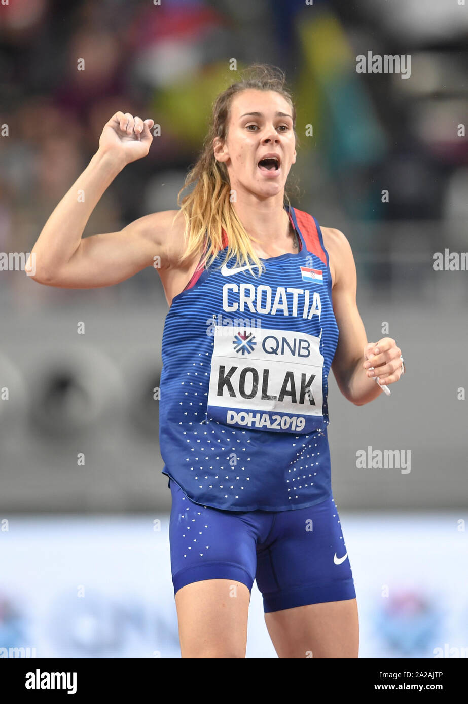 Sara Kolak (Croazia). Giavellotto finale. IAAF mondiale di atletica, Doha 2019 Foto Stock