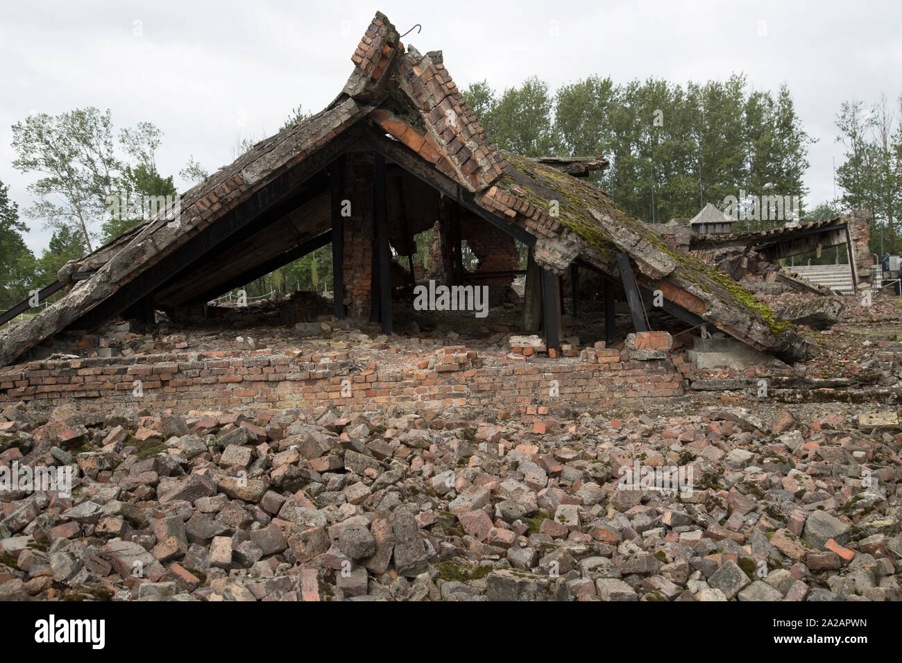 Resti di forni crematori, Auschwitz-Birkenau, ex tedesco campo di lavoro e sterminio nazista, Oswiecim, Polonia. Foto Stock