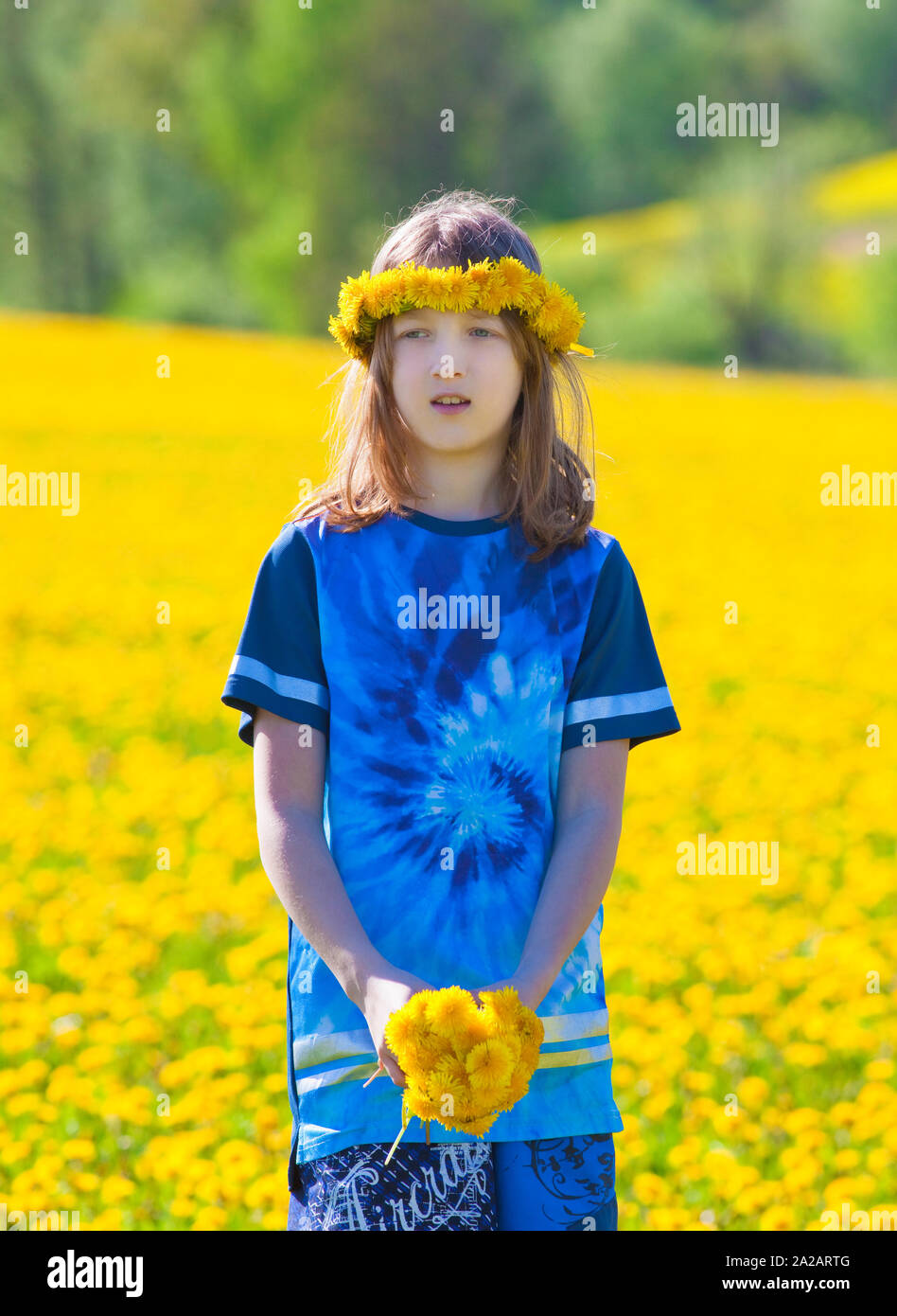 Ragazzo con capelli biondi il prelievo di tarassaco su un prato Foto Stock