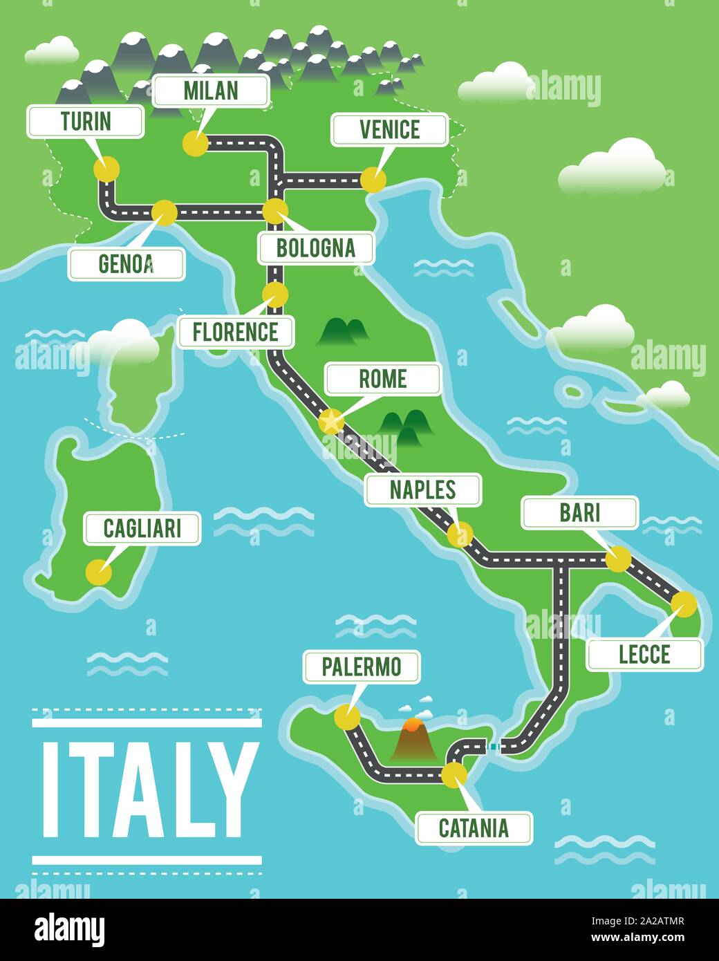 Cartoon mappa vettoriale dell'Italia. Illustrazione di viaggio con italiani principali città. Illustrazione Vettoriale