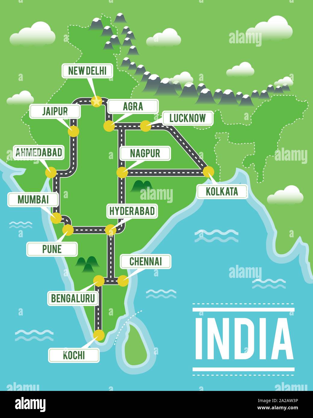 Cartoon mappa vettoriale dell India. Illustrazione di viaggio con indiano città principale. Illustrazione Vettoriale