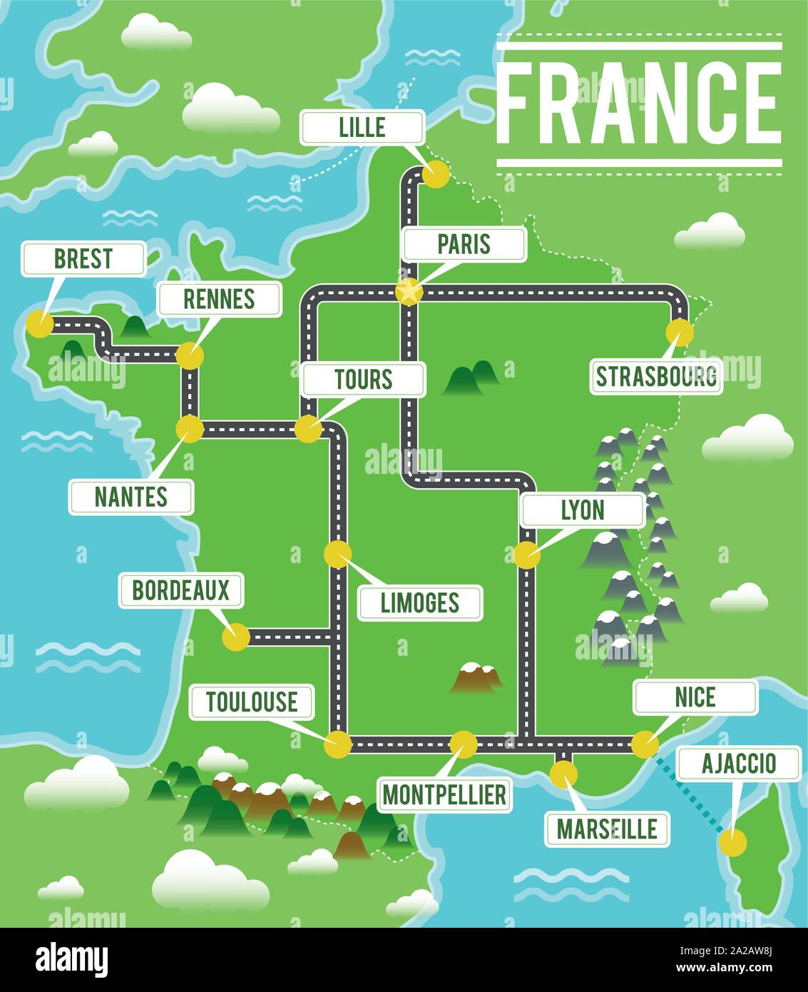 Cartoon mappa vettoriale della Francia. Illustrazione di viaggio con il francese principali città. Illustrazione Vettoriale