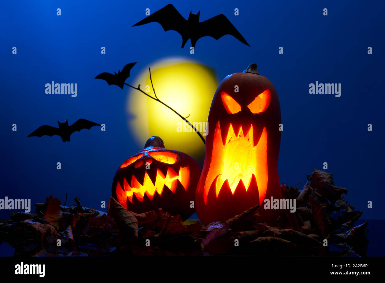 Foto di due zucche con bocche di masterizzazione, Pipistrelli di notte con la luna Foto Stock