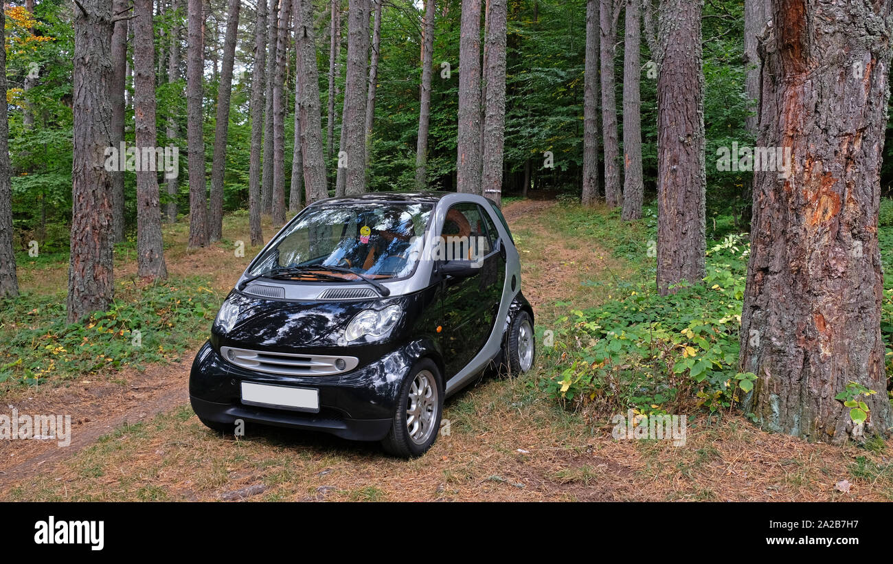 Una piccola auto su uno stretto sentiero forestale Foto Stock
