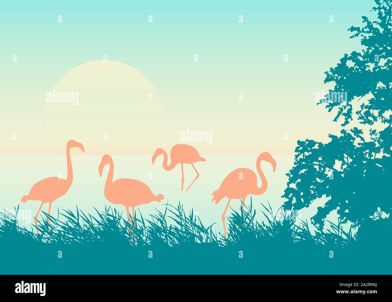 Illustrazione realistica del paesaggio africano sulla riva del mare con il gregge di fenicotteri rosa, verde-arancio cielo e Rising Sun - vettore Illustrazione Vettoriale