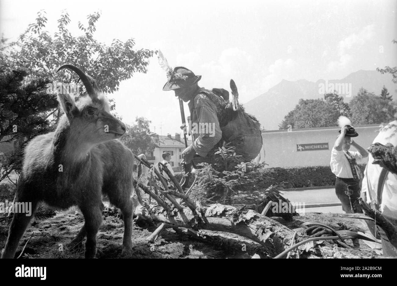 Una vettura di Gebirgsschuetzen (montagna fucilieri) durante la tradizionale sfilata in costume in Alta Baviera. Foto Stock