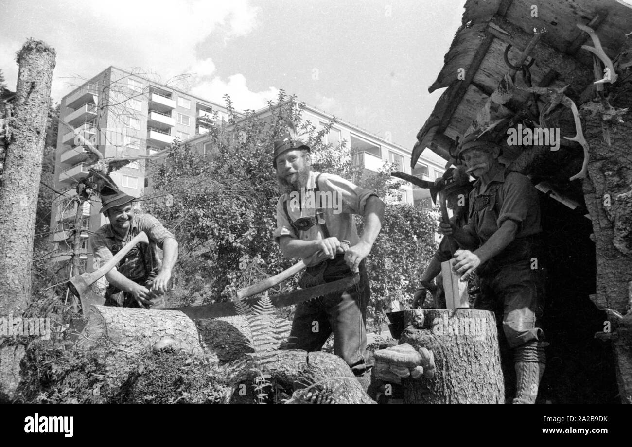 Durante la tradizionale sfilata in costume in Alta Baviera lavori forestali è mostrato su un carrello. Foto Stock