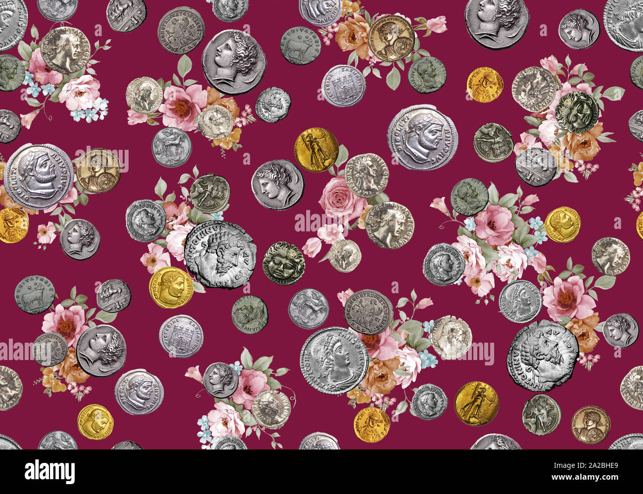 Seamless monete antiche pattern con fiori ad acquerello e sfondo rosso per la stampa tessile. Foto Stock