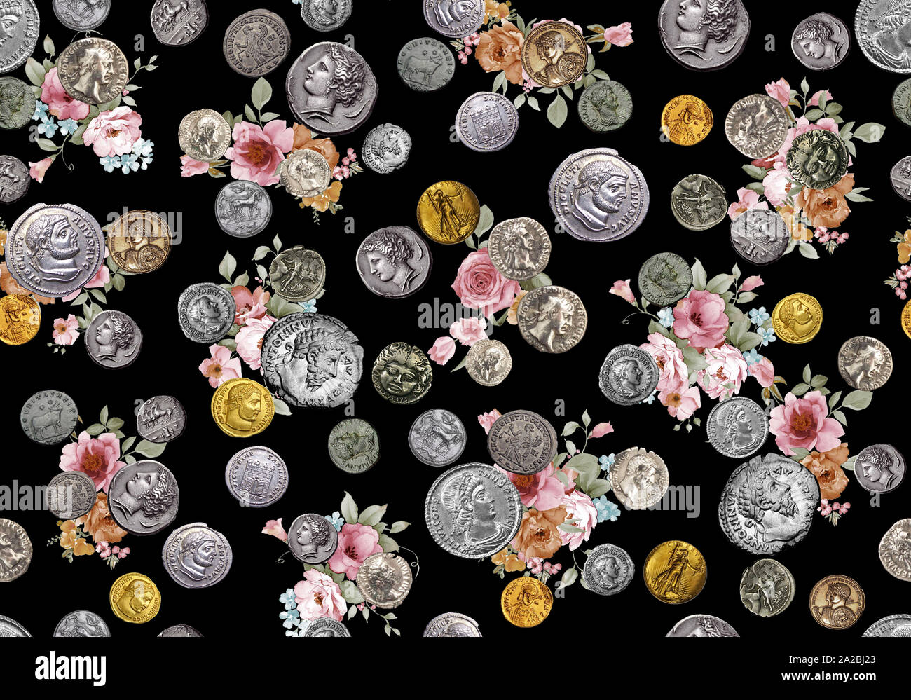 Seamless monete antiche pattern con fiori ad acquerello e sfondo nero per la stampa tessile. Foto Stock