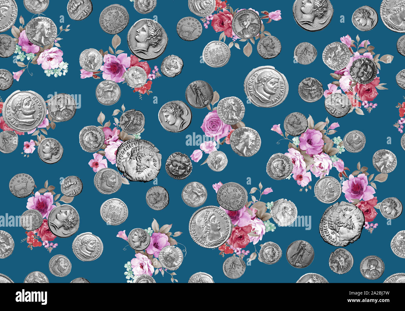 Seamless monete antiche pattern con fiori ad acquerello e sfondo blu per la stampa tessile. Foto Stock