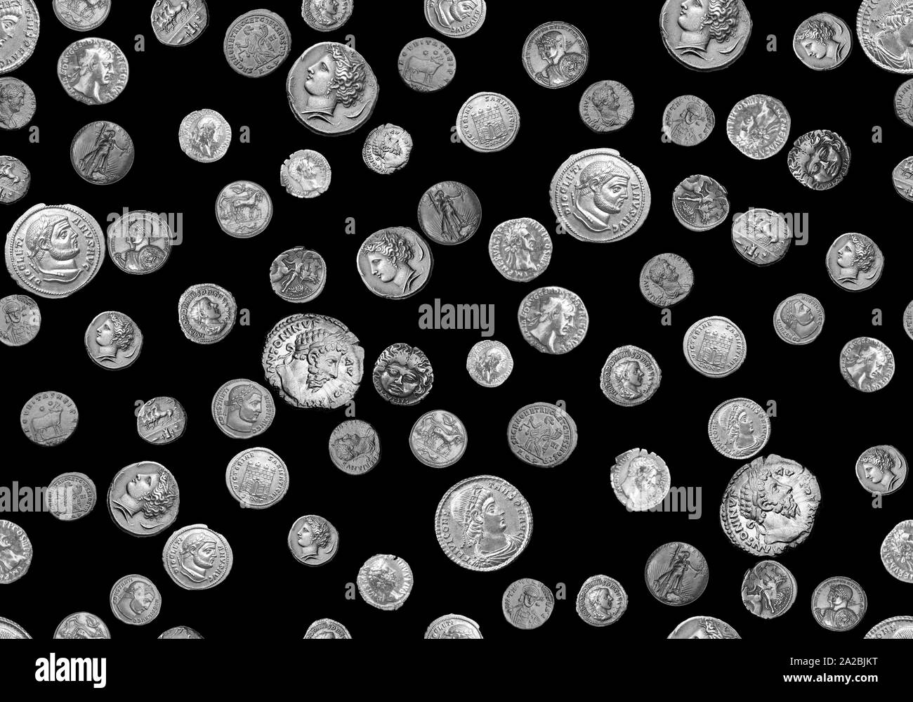 Seamless monete antiche pattern con sfondo nero per la stampa tessile. Foto Stock