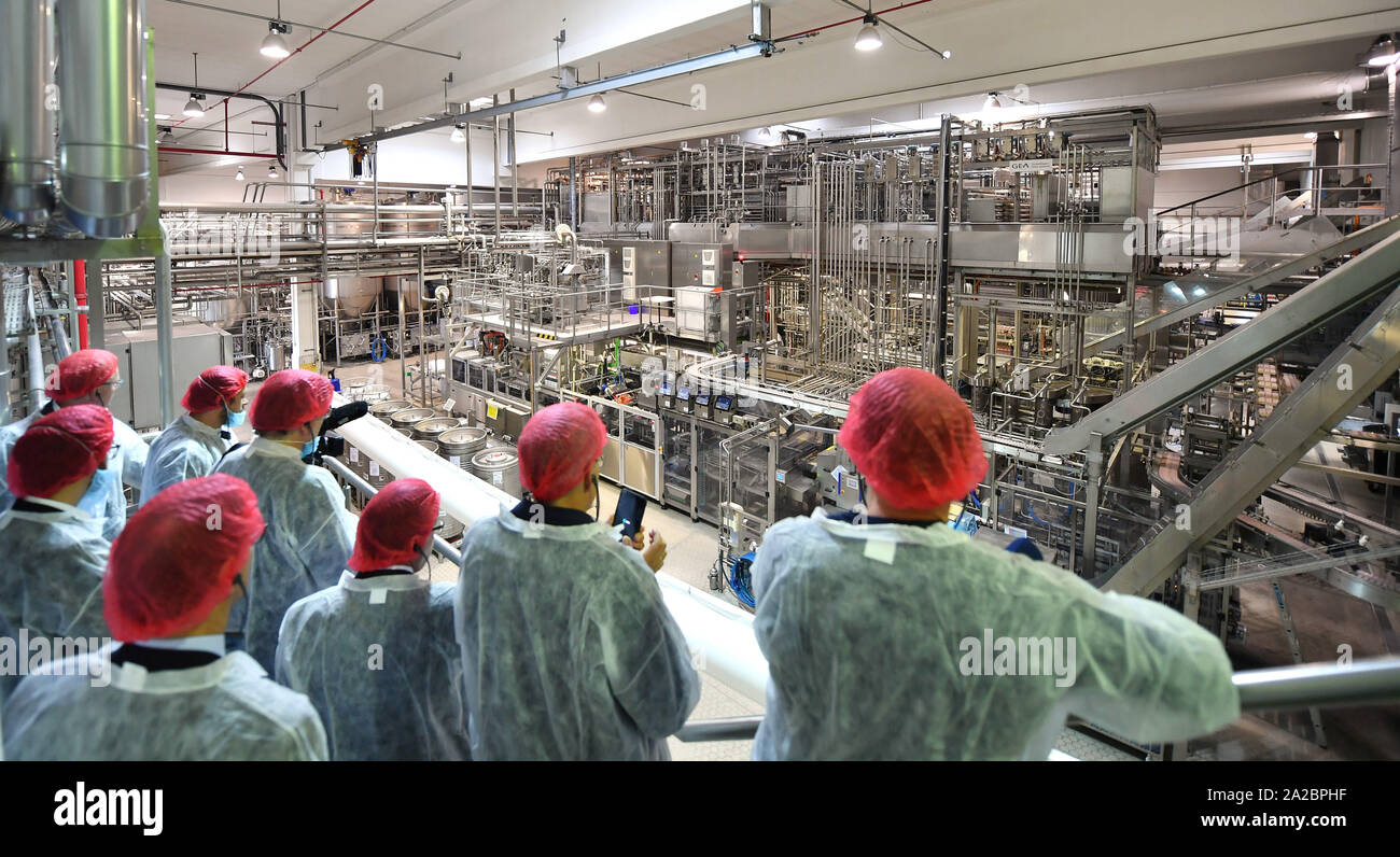 Erfurt, Germania. 02oct, 2019. Ai visitatori di visitare l'impianto di Erfurt di DMK Deutsches Milchkontor GmbH. La produzione di questa località è stata andando su per 50 anni. Oggi circa 950.000 litri di latte vengono elaborati ogni giorno in prodotti di alta qualità come skyr, latte, yogurt, quark e crema di formaggio come pure il prodotto tradizionale rosso gelatina di frutta. Circa 330 dipendenti lavorano qui. Credito: Martin Schutt/dpa-Zentralbild/dpa/Alamy Live News Foto Stock