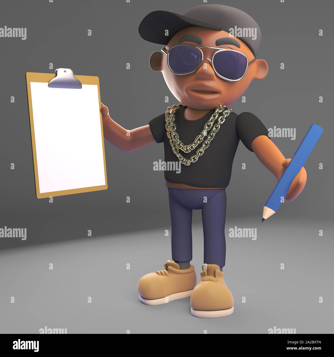 Efficiente hiphop nero artista rap presenta un blocco appunti e matita, 3D render illustrazione Foto Stock