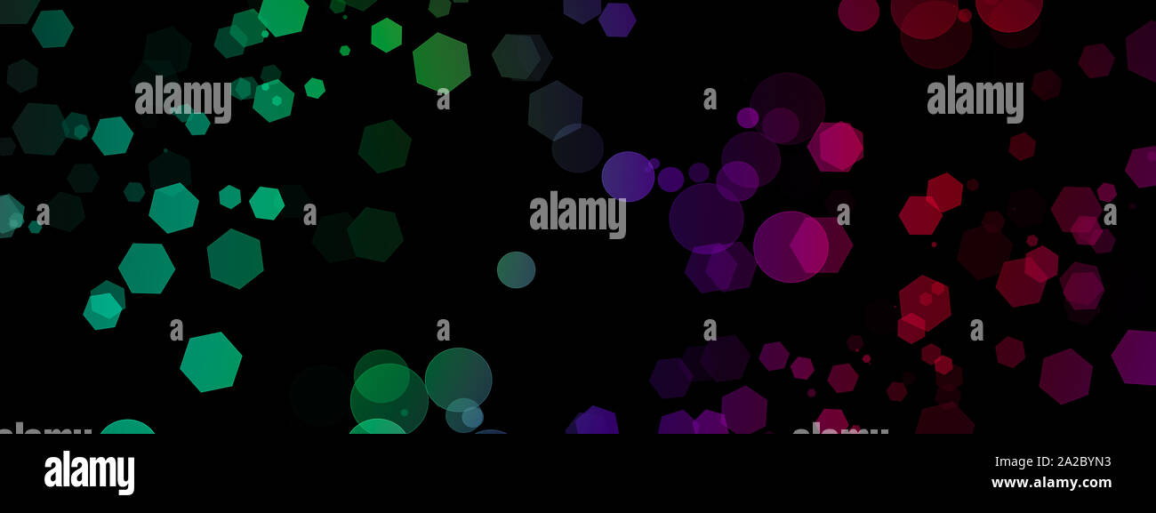 Esagono colorati bokeh luce su sfondo nero Foto Stock