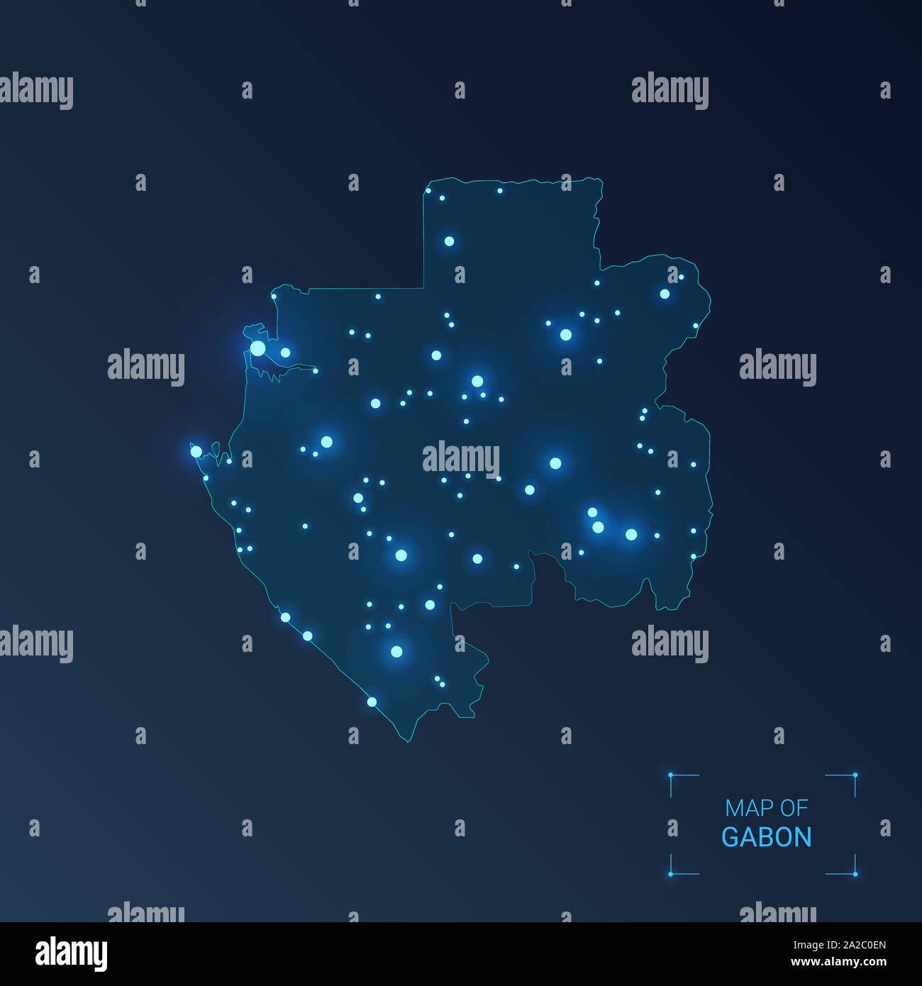 Il Gabon mappa di città. Punti luminosi - luci al neon su sfondo scuro. Illustrazione Vettoriale. Illustrazione Vettoriale