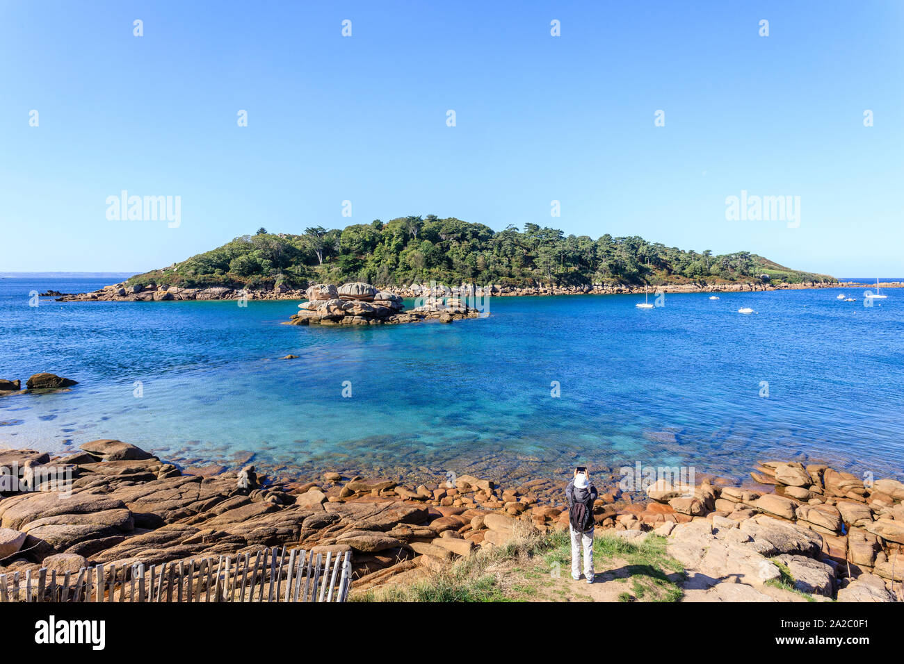 Francia, Cotes d'Armor, Côte de Granit Rose (costa di Granito Rosa), Trebeurden, vista di Milliau isola dalla Pointe du Castel // Francia, Côtes-d'Armor Foto Stock