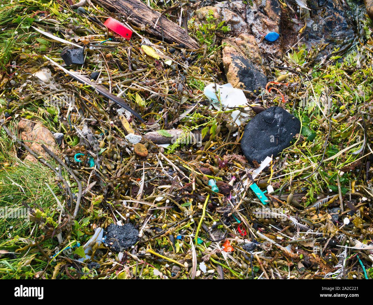 Inquinamento di plastica - rifiuti lavato fino sulle sabbie del pasto, West Burra, Shetland, Regno Unito - un assortimento degli articoli di plastica lavati in dal mare. Foto Stock