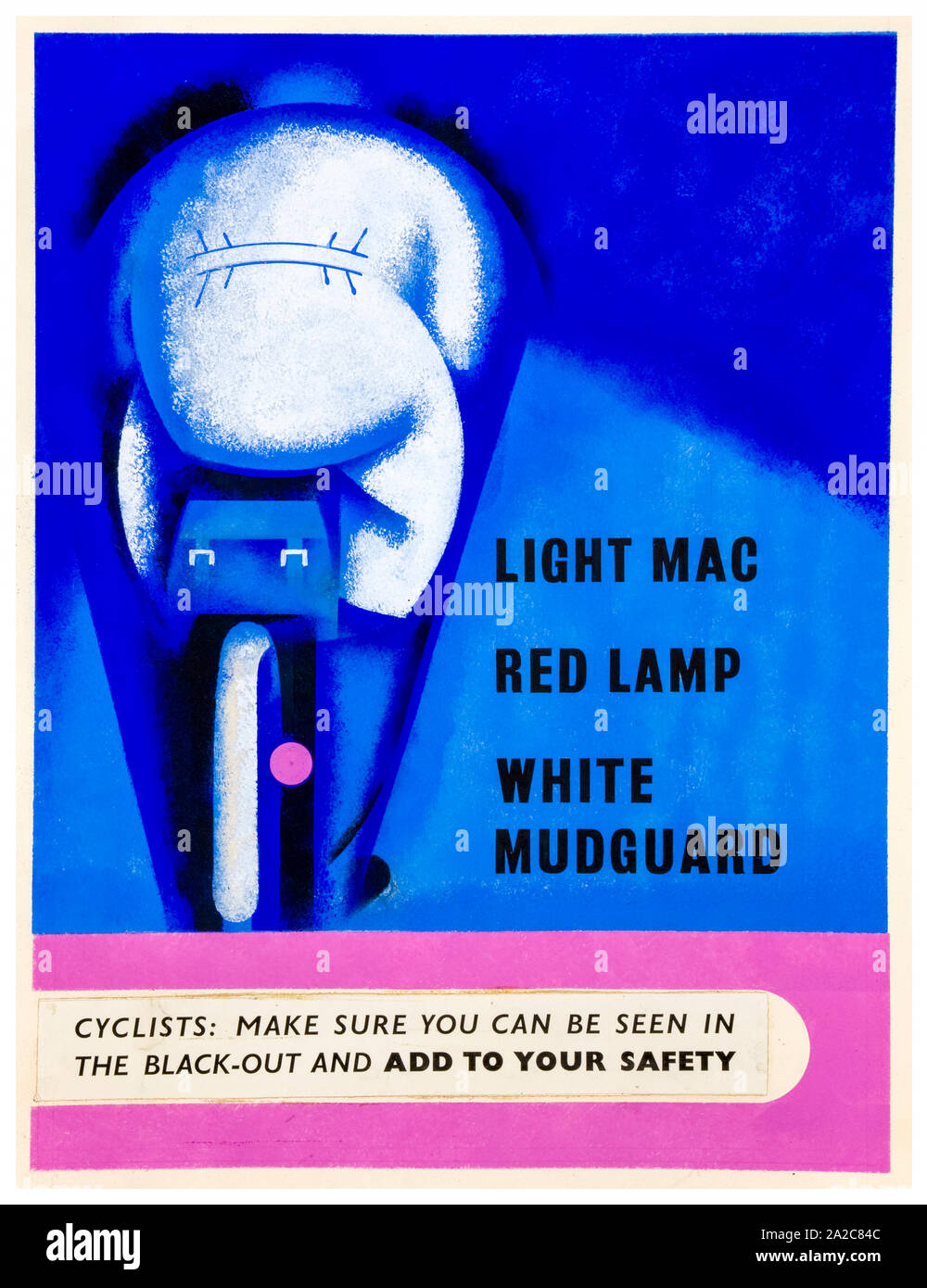 British, WW2, sicurezza stradale poster, ciclisti, assicurarsi che può essere visto in blackout e aggiungere alla vostra sicurezza (ciclista in colori chiari con lampada), 1939-1946 Foto Stock