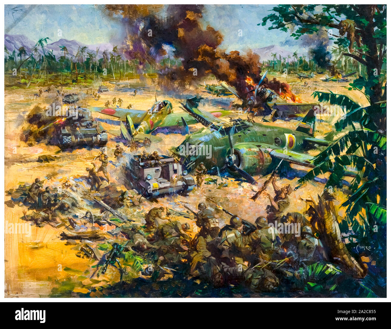 British, WW2, Artwork, invasione scena, in Estremo Oriente, dipinto da Terence Cuneo, 1939-1946 Foto Stock