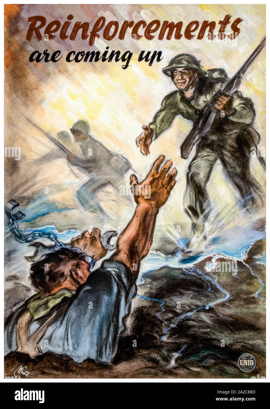 British, WW2, l'unità di resistenza, Inter-allied co-operazione, i rinforzi sono in arrivo, (soldier aiutando manacled lavoratore), poster, 1939-1946 Foto Stock