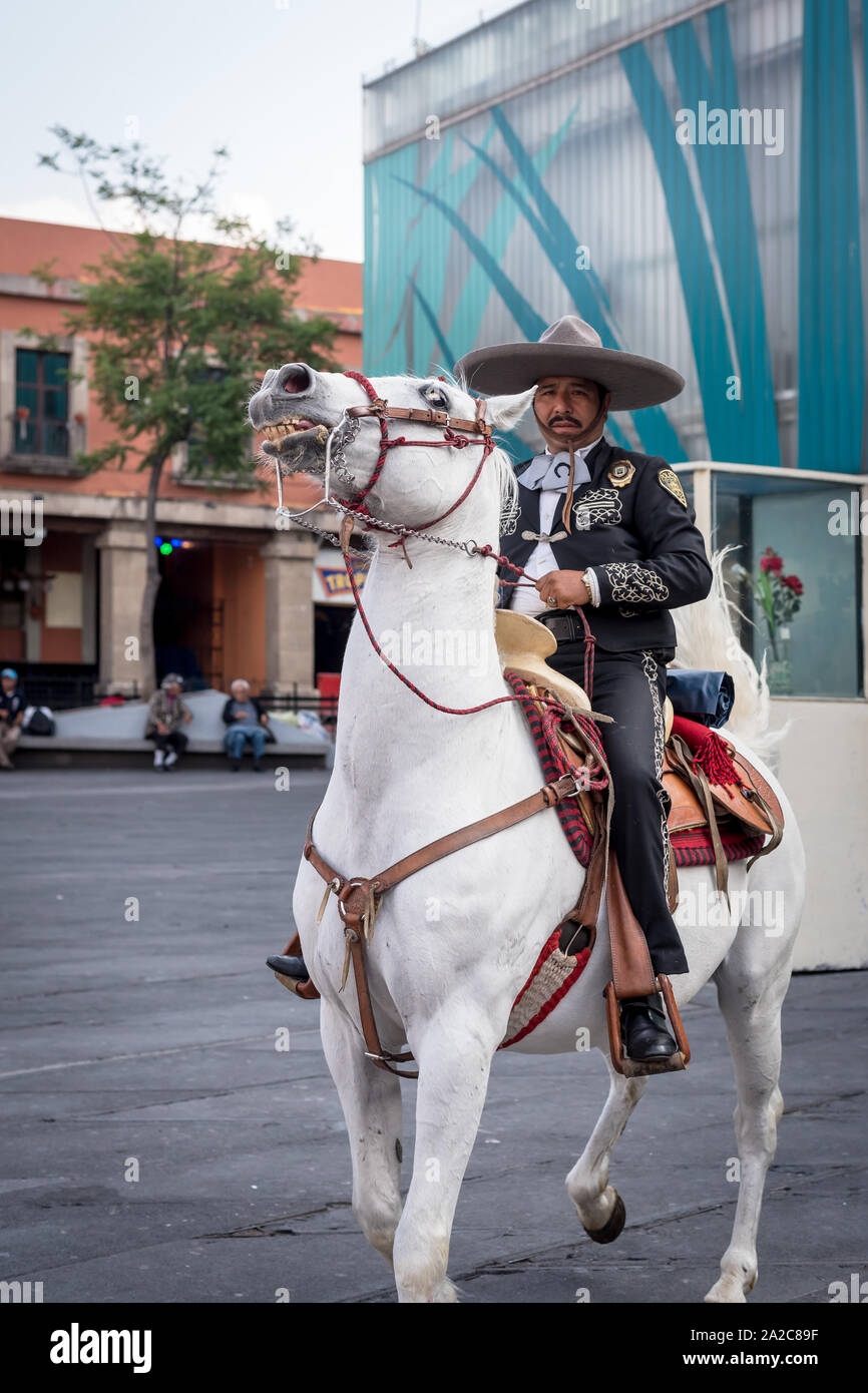 Luglio, 23, 2019: Un mariachi passeggiate a cavallo in Piazza Garibaldi, Ciudad de Mexico, Messico Foto Stock