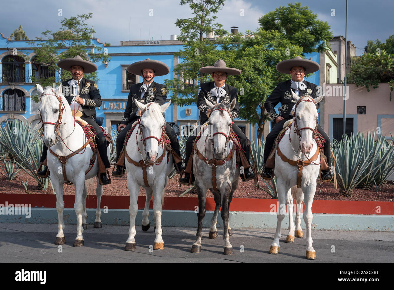 Luglio, 23, 2019: un gruppo di mariachi riding alcuni cavalli in Piazza Garibaldi, Ciudad de Mexico, Messico Foto Stock