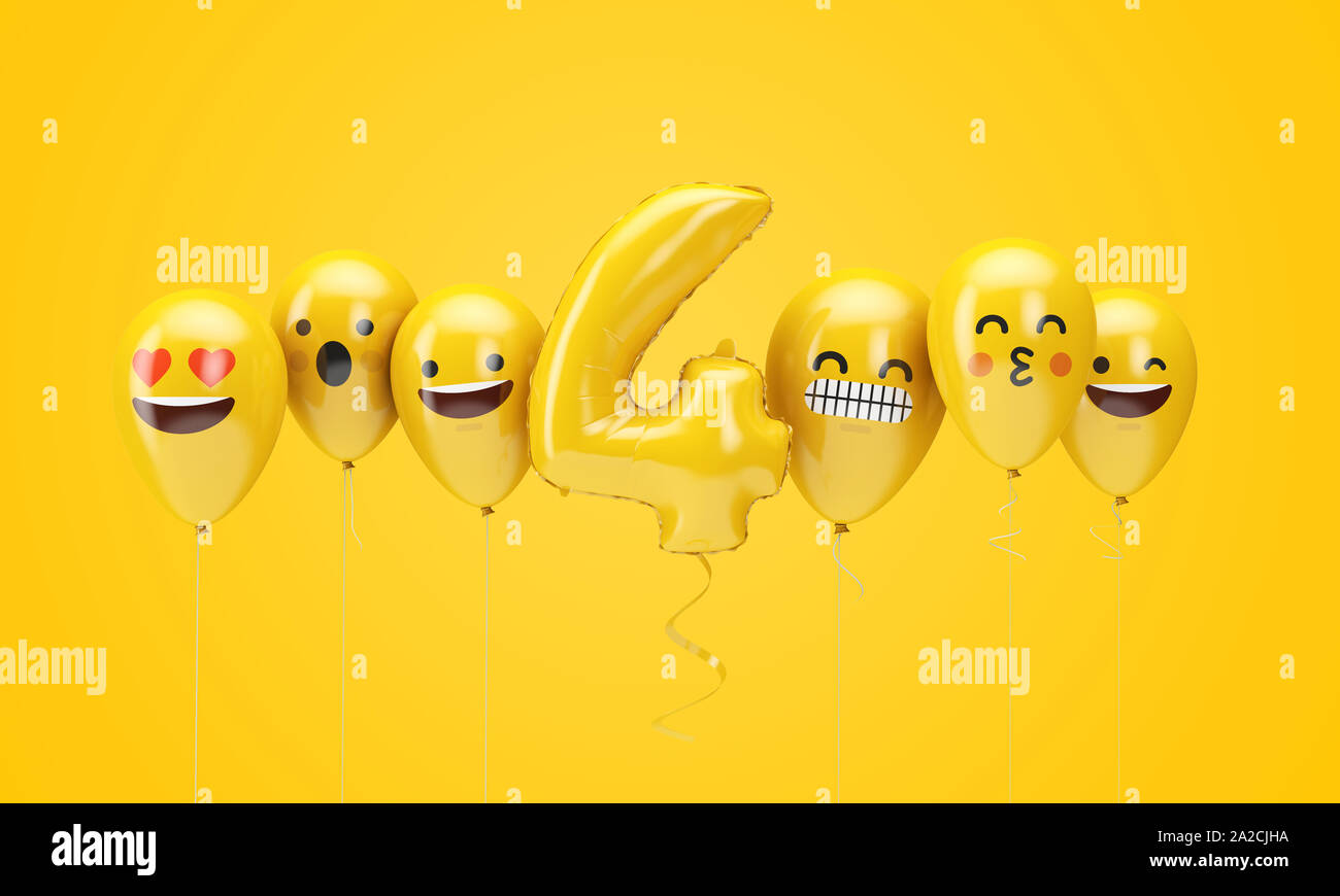Numero 4 giallo compleanno facce emoji palloncini. 3D Render Foto Stock
