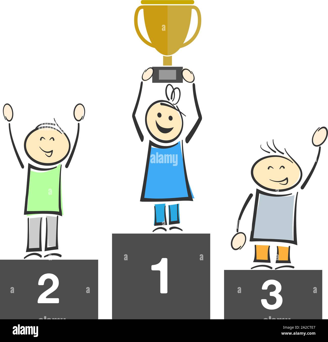Sorridente stick figure sul podio dei vincitori, una holding trophy illustrazione vettoriale Illustrazione Vettoriale