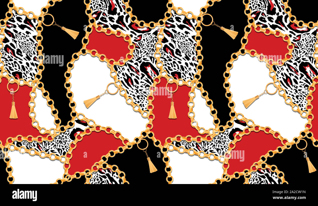 Stampa alla moda con golden catene, cinghie e colorata leopard. Modello senza cuciture con elementi vintage. Donna collezione di moda per la stampa tessile. Bl Foto Stock