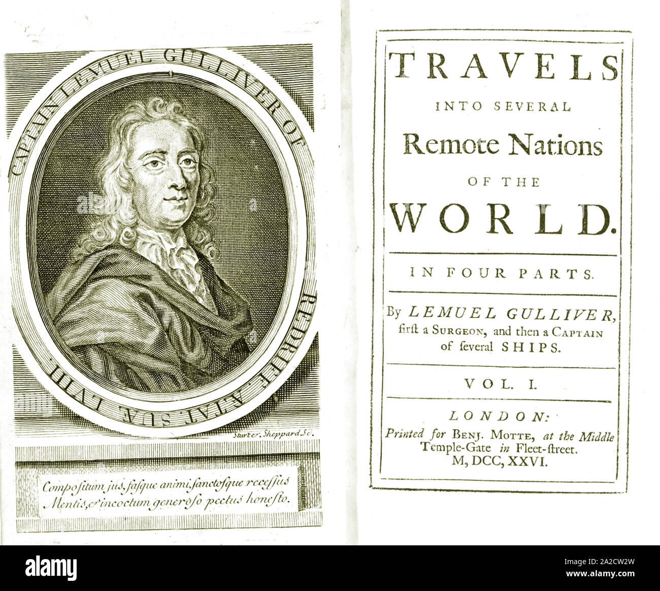 JONATHAN SWIFT (1667-1745), uomo politico anglo-irlandese e il Satiro. Titolo pagine di ther prima edizione di i viaggi di Gulliver nel 1726 Foto Stock