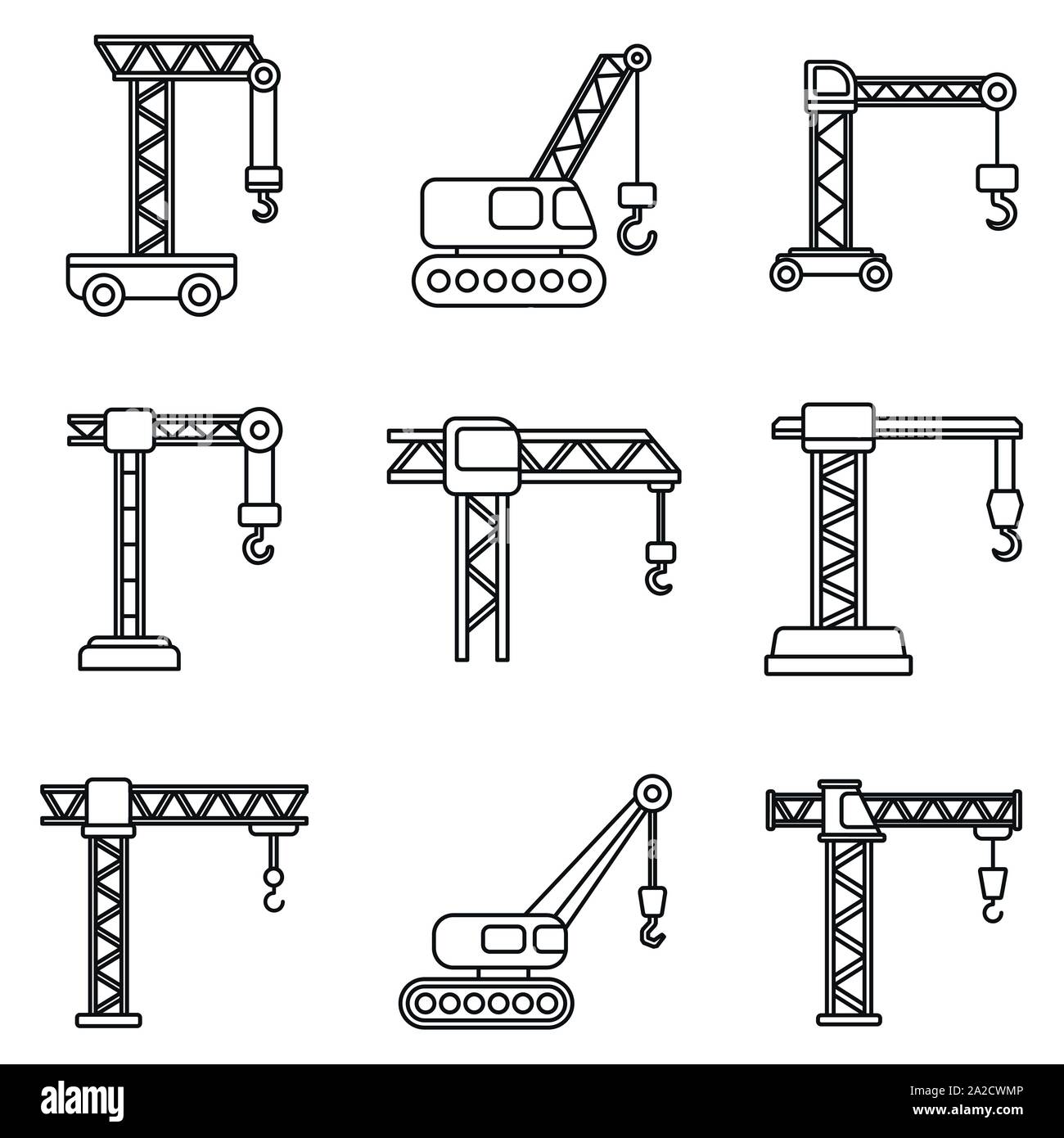 Costruzione di gru set di icone. Set di contorno della costruzione di gru icone vettoriali per il web design isolato su sfondo bianco Illustrazione Vettoriale