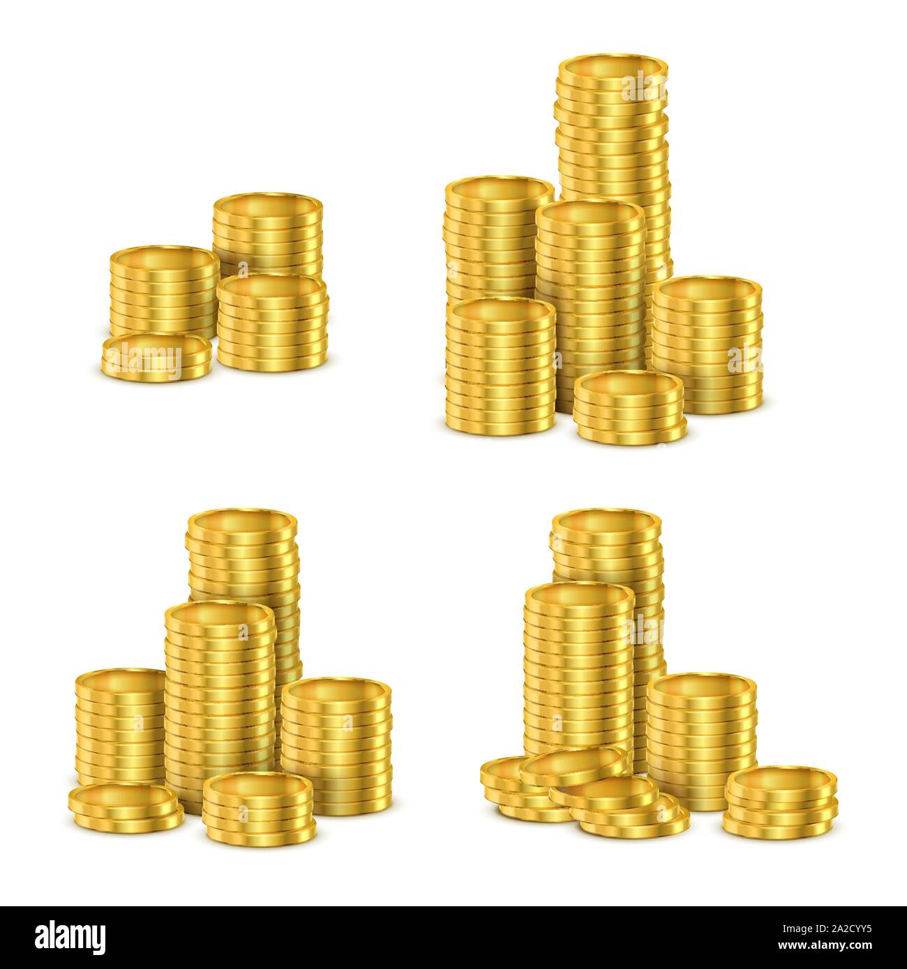 Le monete d'oro di pile, oro moneta contante vettore pila realistiche in 3D Illustrazione Vettoriale
