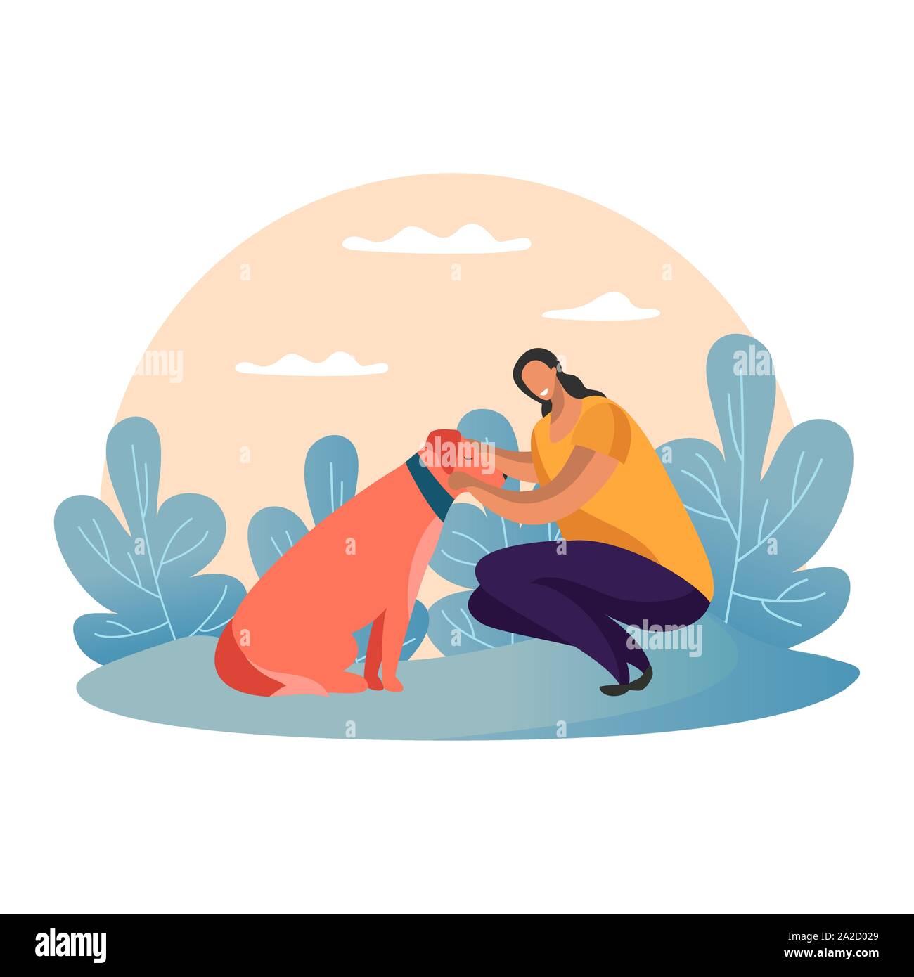 Cartoon donna passeggiate con il cane al parco. Ragazza, pet Illustrazione Vettoriale