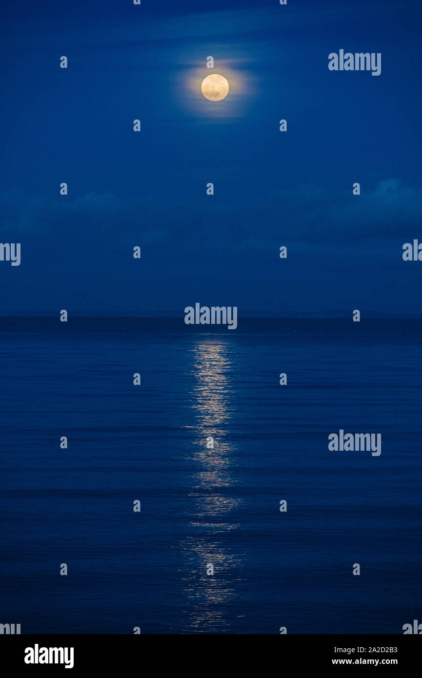 Luna piena al di sopra del mare, Bainbridge Island, nello Stato di Washington, USA Foto Stock