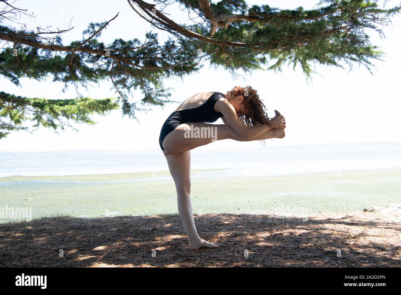 Donna fare yoga sulla riva del mare, Bainbridge Island, nello Stato di Washington, USA Foto Stock