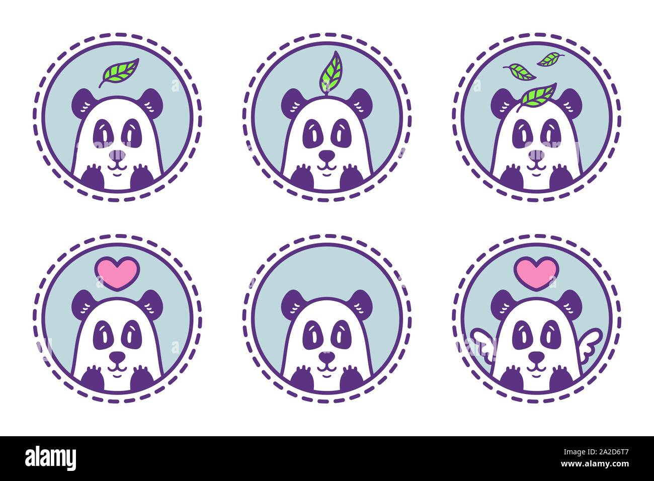 Orso Panda con il logo a foglia di set di illustrazione. Orso di bambù con il cuore. Orso cinese con il cuore e con le ali. Il logo di contorno impostato. Set di panda emblemi, ico Illustrazione Vettoriale