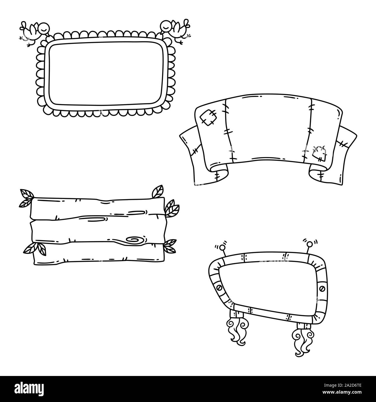 Set di banner vettore isolato su sfondo bianco. Raccolta di cartoni animati le etichette di stile per il web e la stampa. Illustrazione Vettoriale. Banner per la promozione, scro Illustrazione Vettoriale