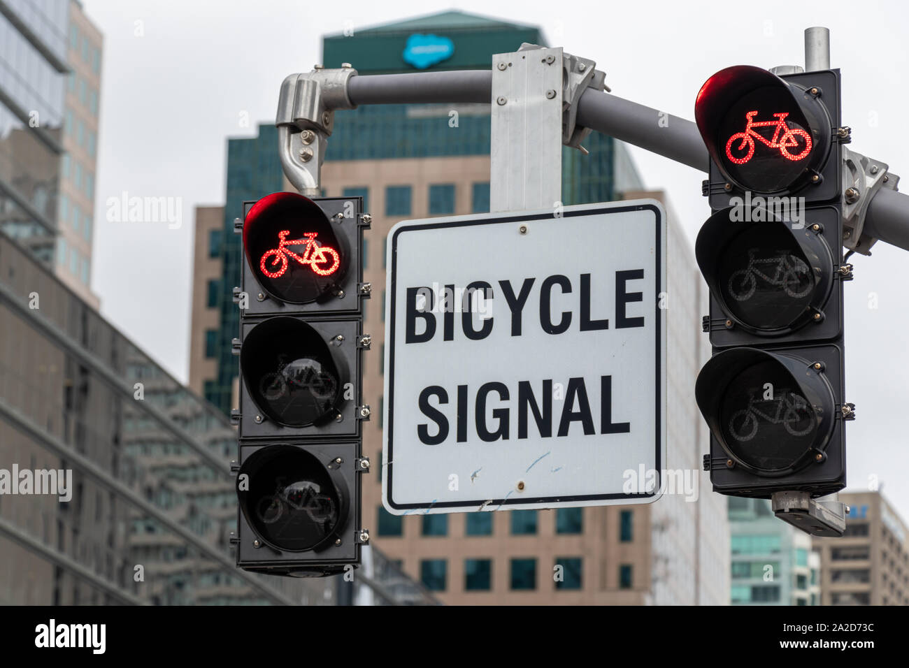 Luce rossa sul "segnale bicicletta" sopra una pista ciclabile in una giornata di sole in una grande città. Foto Stock