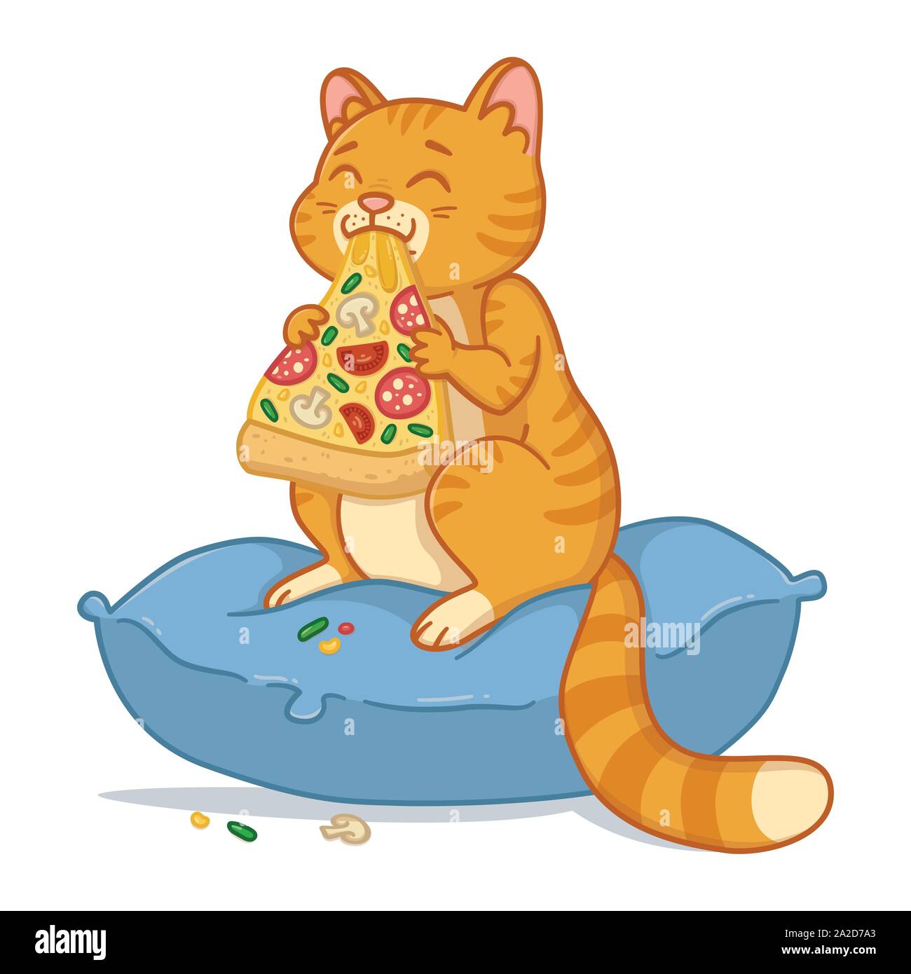 Gatto con un trancio di pizza in bocca illustrazione vettoriale. Kitty sedersi sul cuscino e mangiare la pizza. Divertenti animali domestici illustrazione. Isolato su whit Illustrazione Vettoriale