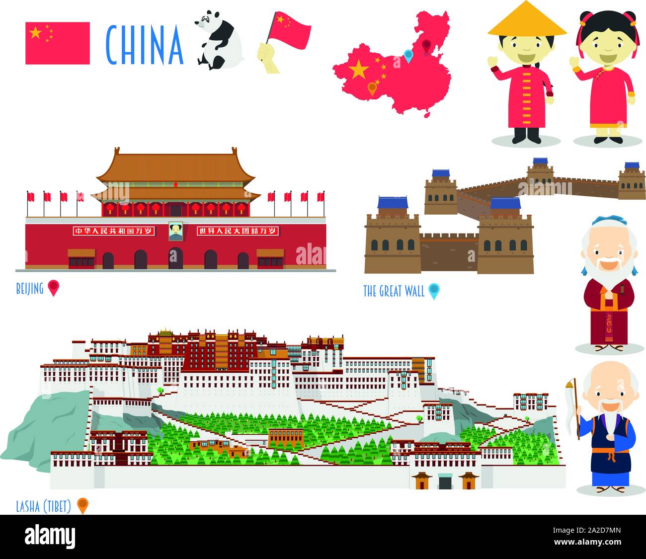 Cina Flat Icon Set viaggi e turismo concept. Illustrazione Vettoriale Illustrazione Vettoriale