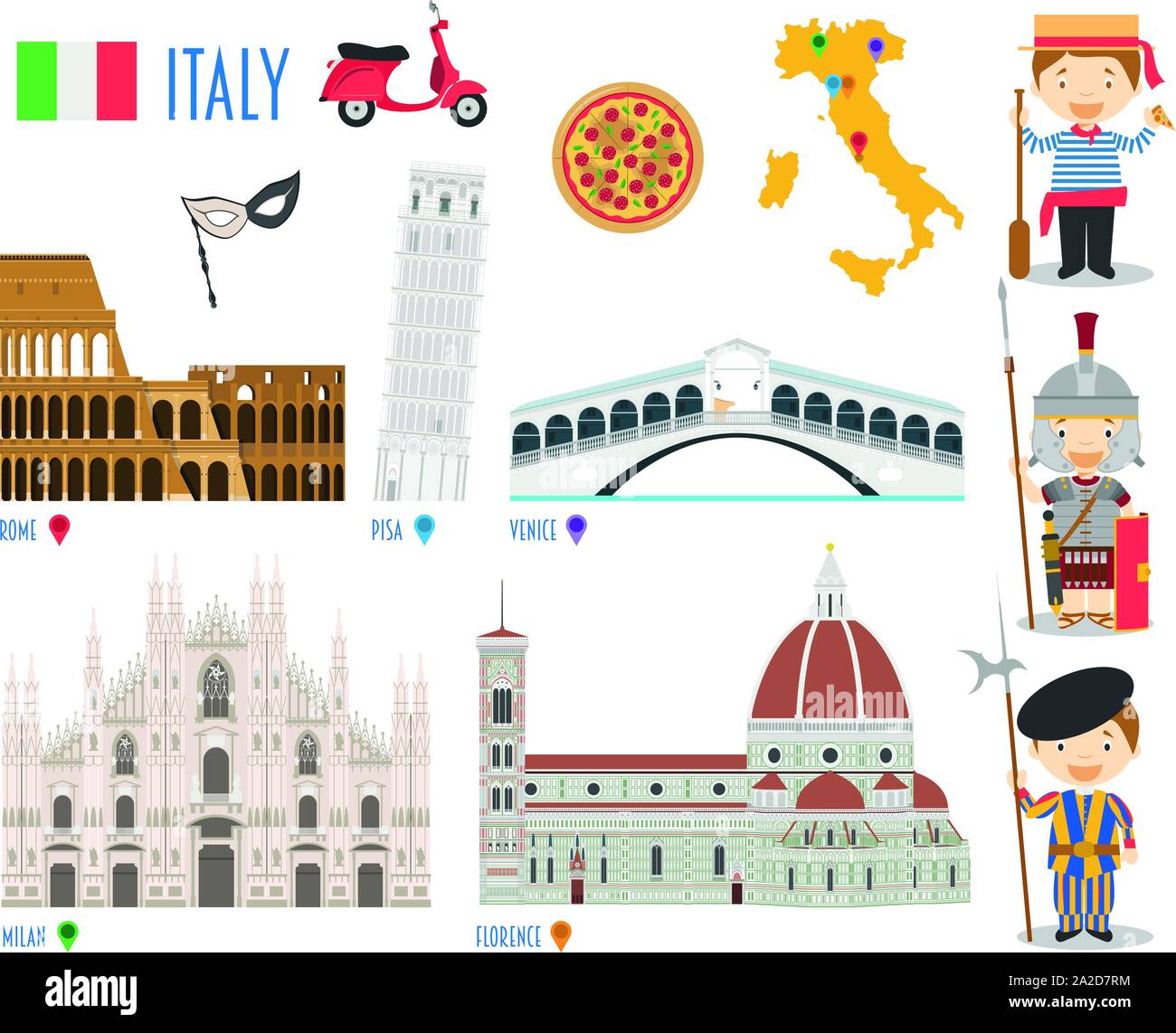 Italia Flat Icon Set viaggi e turismo concept. Illustrazione Vettoriale Illustrazione Vettoriale