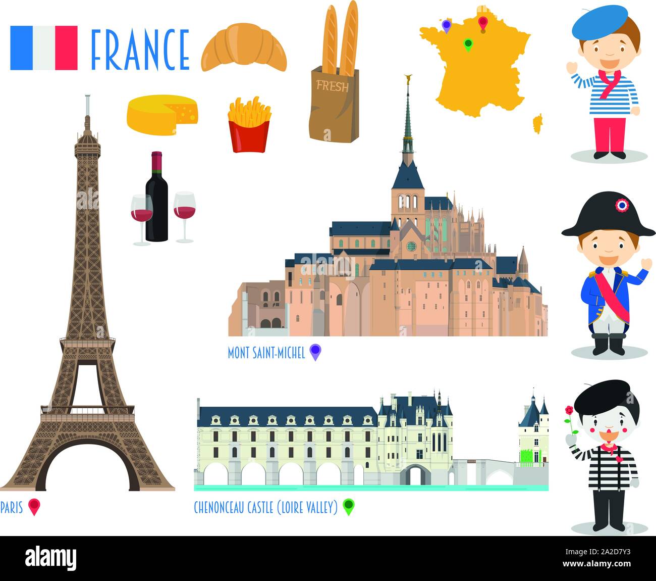 Francia appartamento Icon Set viaggi e turismo concept. Illustrazione Vettoriale Illustrazione Vettoriale