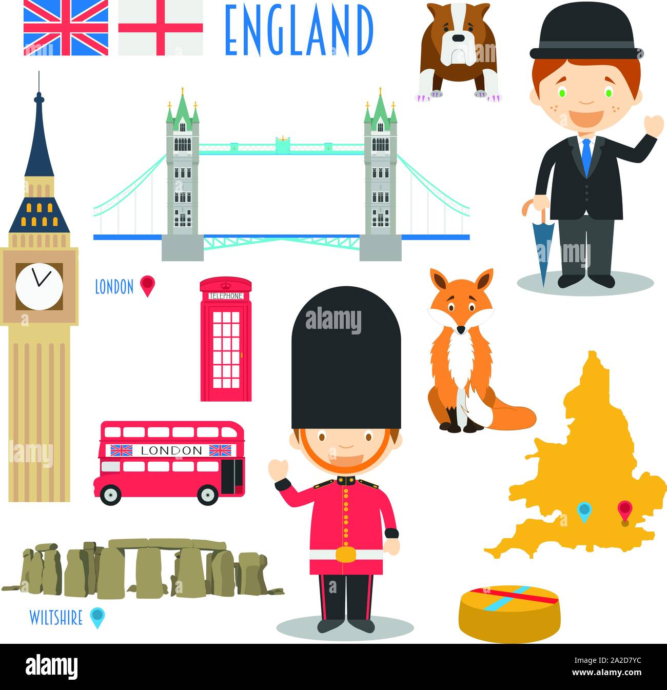Inghilterra Flat Icon Set viaggi e turismo concept. Illustrazione Vettoriale Illustrazione Vettoriale