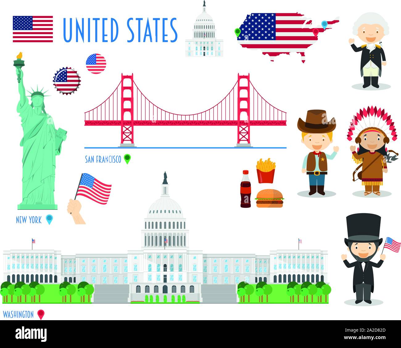 Stati Uniti d'America Flat Icon Set viaggi e turismo concept. Illustrazione Vettoriale Illustrazione Vettoriale