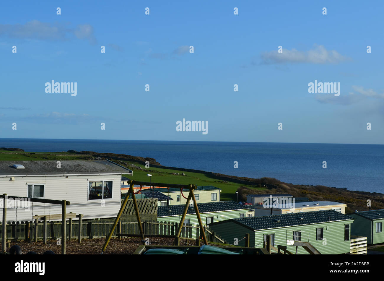 Una veduta di mare a Auchenlarie Caravan Park, Gatehouse of Fleet, Dumfries & Gallowway Foto Stock