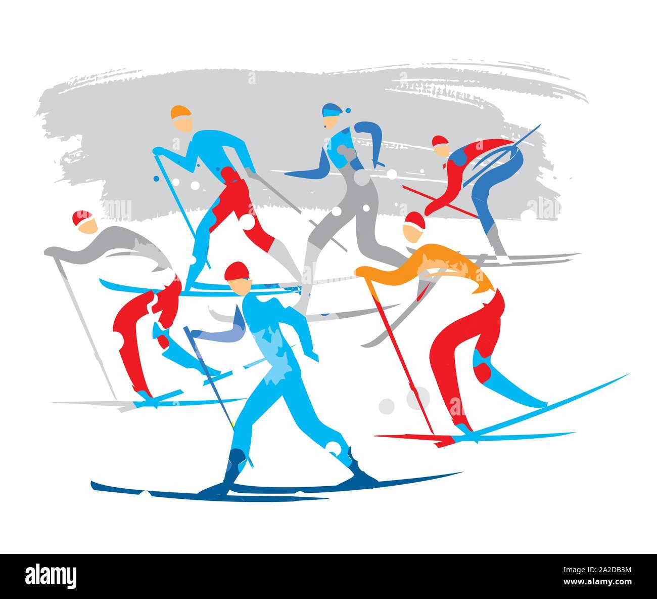 Nordic Ski Race, sciatori crosscountry.. Un espressivo il disegno stilizzato del cross-country ski concorrenti. Vettore disponibile. Illustrazione Vettoriale