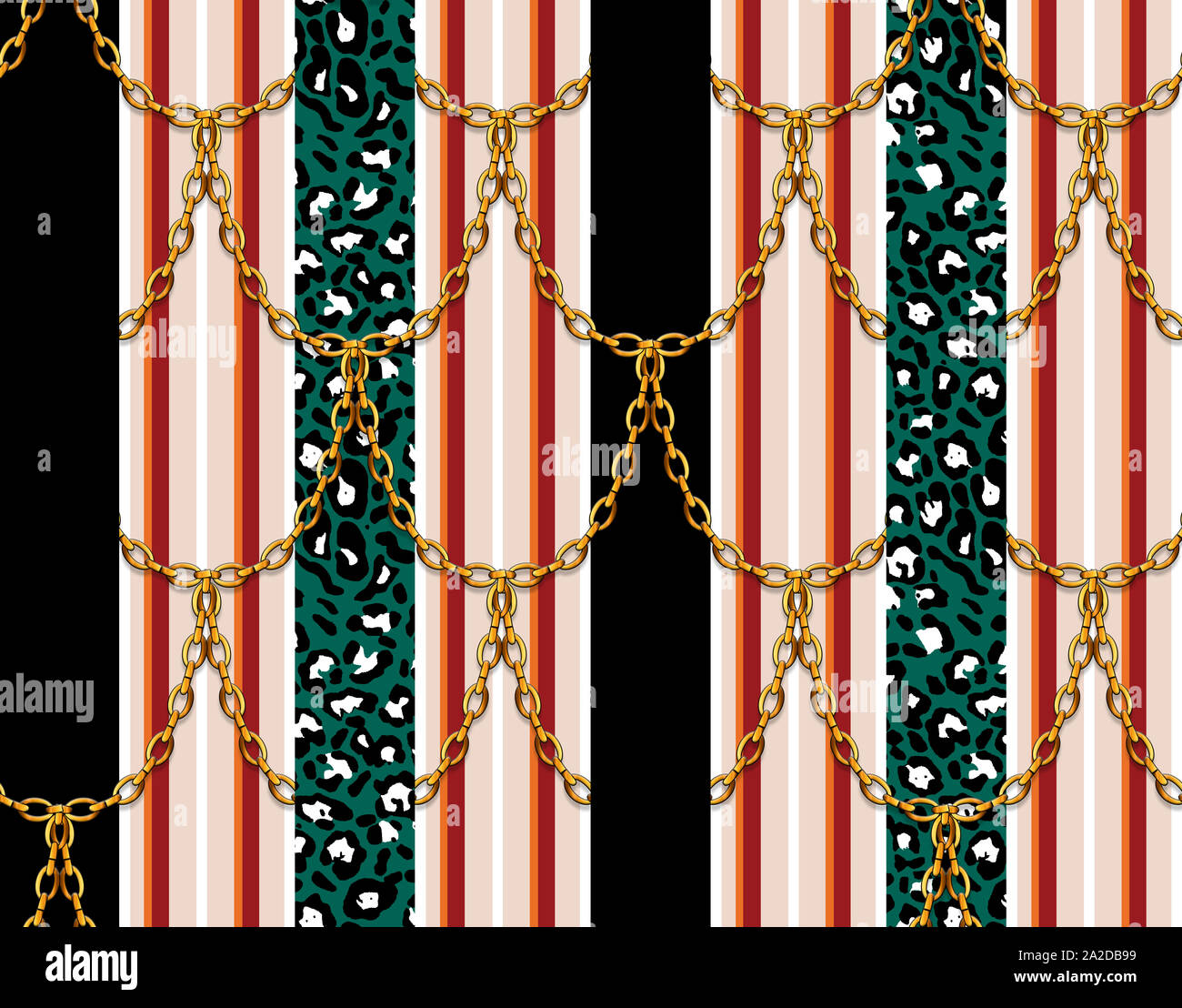 Seamless decorativo catene lucido nero con sfondo a strisce colorate e a pelle di leopardo. Progettato per tessuto tessile stampe. Foto Stock